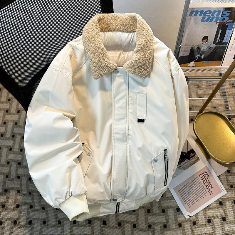 Threebooy Japanese Solid Workwear Padded Coat Winter Loose Trend Splicing Imitation Lamb Fleece Collar Cotton Jacket Casual Lapel Coat