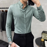 Threebooy British Style Striped Shirts Mens Long Sleeve Business Formal Dress Shirt Casual Slim Fit Shirt Streetwear Social Party Clothing