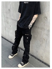 Threebooy Street Strap Speckled Ink Pocket Stereoscopic Cut Micro Horn Workwear Pants Hip Hop High Street Punk y2k streetwear Stacked Casual Pants