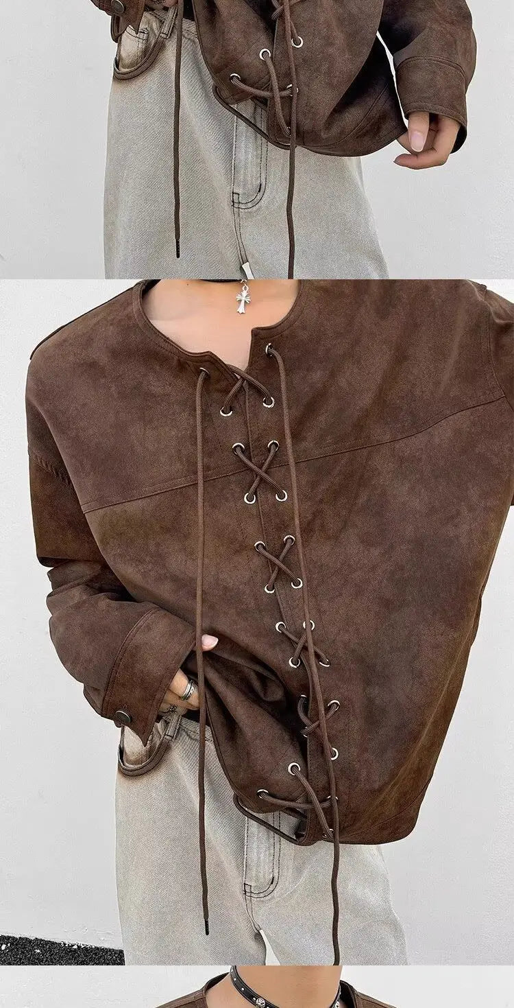 Threebooy Drawstring Double-breasted Shirt Back Fly Design Top American Retro Brown Motorcycle Leather Jacket Women Men's Jacket