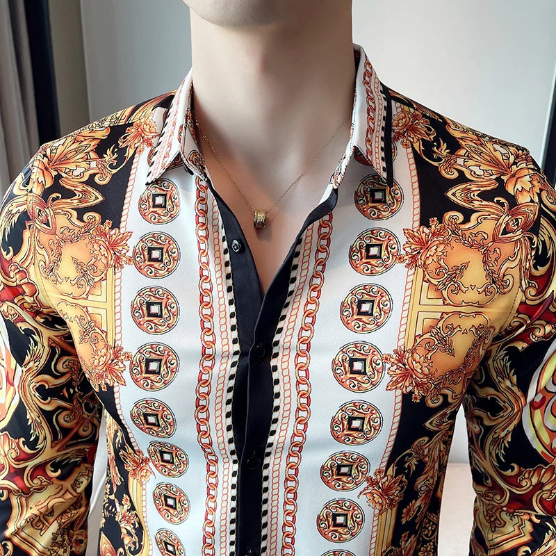 Threebooy Luxury Paisley Gold Printed Shirt Men's Royal Club Clothing Korean Men's Long Sleeve Slim Long Sleeve Shirt Tuxedo Shirt