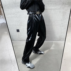 Threebooy  British Style Net Trend Personality Streetwear Bright PU Leather Trousers Side Tight Waist Loose Casual Pants Men's S-2XL