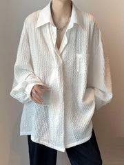 Threebooy Long-sleeved Shirt Men's Summer Trend White Button Up Blouse Men Hong Kong Style Handsome Jacket Wave Texture Niche Top
