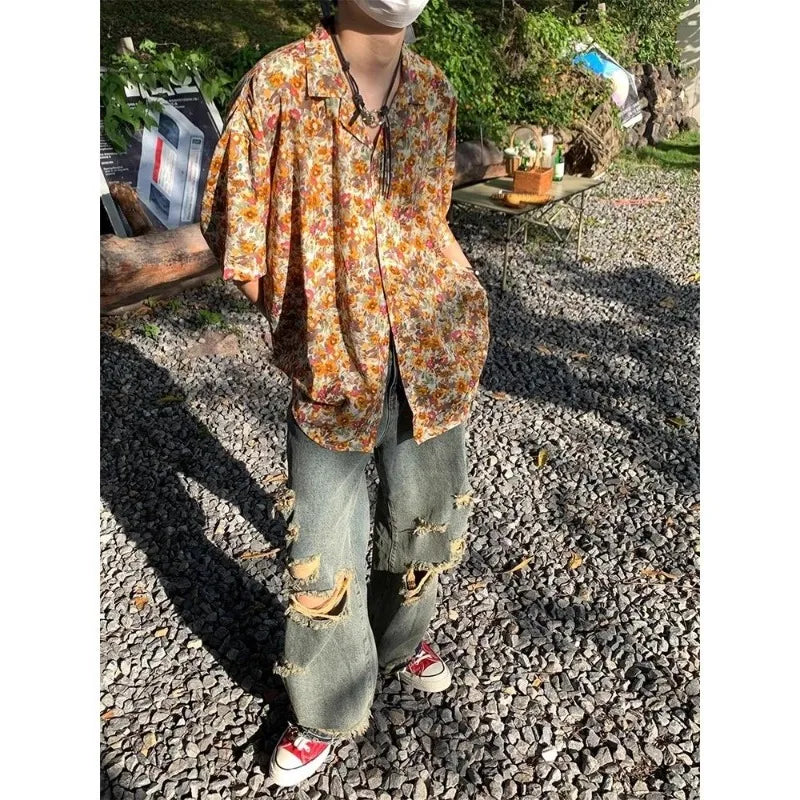 Threebooy  Retro Floral Boyfriend Summer New Patchwork Shirt Collar Button Comfortable and Loose All Match Casual Short Sleeved Shirts