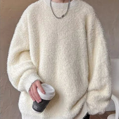 Threebooy  Autumn Solid Fluffy Warm Knitted Sweaters For Man New High Street Fashion Loose Pullovers New Y2K Vintage Knitwear Jumpers