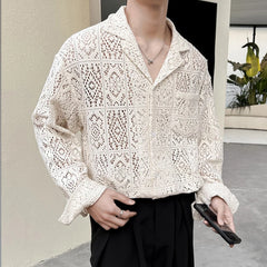 Threebooy New Chic Men Hollow Out Cardigan Tops Light Luxury Korean Style Long Sleeve Shirts Casual Retro Solid Color Button-down Blouse