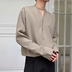 Threebooy  Autumn New Men's Solid Color Long-Sleeve Shirt American Retro Fashion Trendy High Street Loose Casual Simple Men's Top