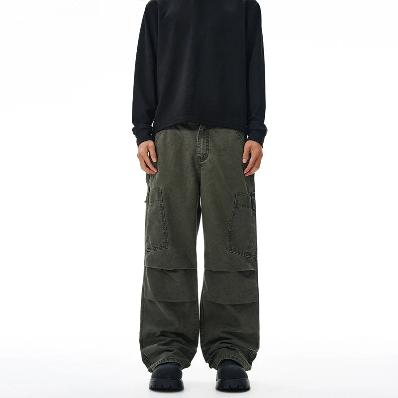 Threebooy American Loose Straight Cargo Pants Men's Fashion Streetwear 100% Cotton Vintage Large Pocket Loose Casual Wide-leg Trousers