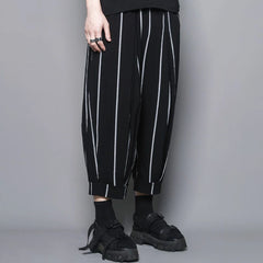 Threebooy Men Casual Pants Striped Drawstring Streetwear Joggers Pockets Harem Trousers Loose Fashion Cropped Pants Man Clothes Pantalones