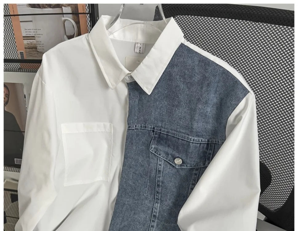 Threebooy Japanese High-end Denim Jacket Spliced Long-sleeved Shirt Men's Niche Design Sense High Street Couple Loose Casual White Shirt