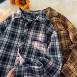 Threebooy Retro Plaid Long Sleeve Shirt Men Spring Fall Loose Shirt Turn-down Collar Blouse Hip Hop Streetwear Male Shirts