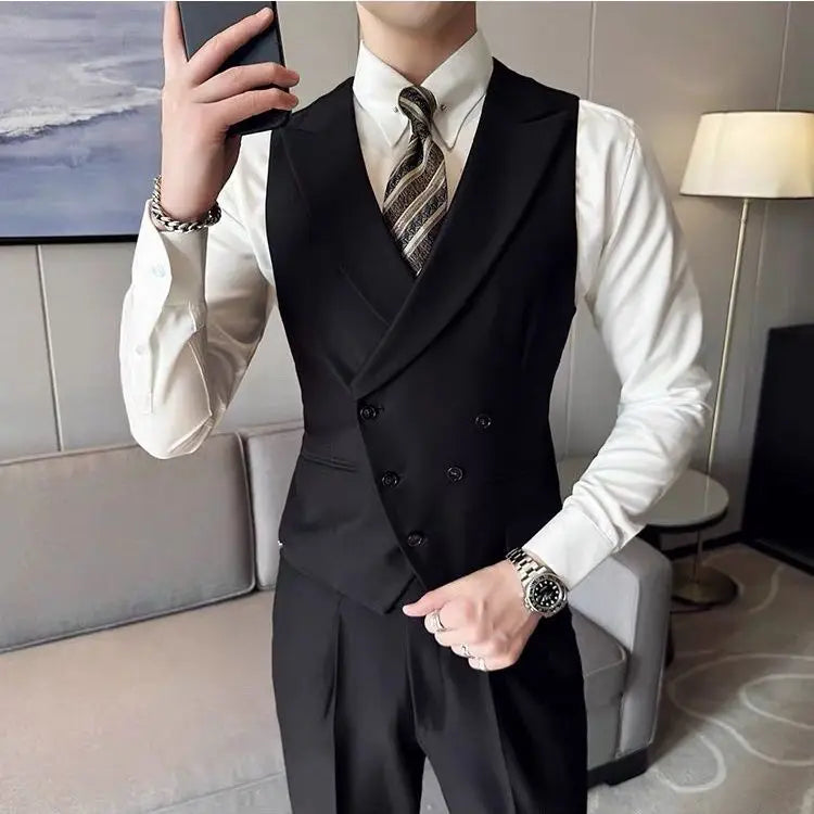 Threebooy Japanese High-end Smart Casual Vest Men's Vest Pants Set Korean Elegant Wear 2025 Summer New Blazer Vest Aesthetic Waistcoat