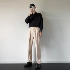 Threebooy  Men's Luxury Fitting Well Draped Baggy Suit Pants Casual Button Solid Color Straight Premium Dress Pants Urban Business Trousers