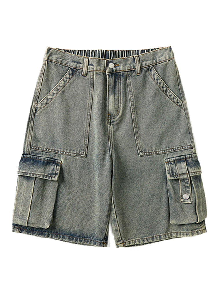 Threebooy  Summer Denim Cargo Shorts Men Flap Pockets Wide Leg Baggy Jeans Shorts Big Size 8XL 7XL 6XL Loose Fit Straight Jean Short Male