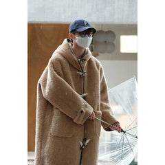 Threebooy Fur Integrated Trench Coat Korean Loose Mid-length Imitation Teddy Lamb Fur Horn Button Coat Men High Street Button Windbreaker