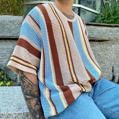 Threebooy Summer New Mens Fashion Knit Pullover Top Male Casual Loose Short Sleeve O Neck Knitted Tee Men Trendy Patchwork Striped T-shirt