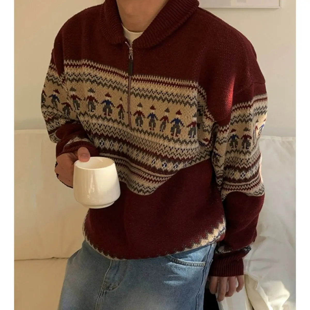 Threebooy American style autumn and winter street fashion half zipper polo sweater for couples loose retro red Harajuku knit top y2k