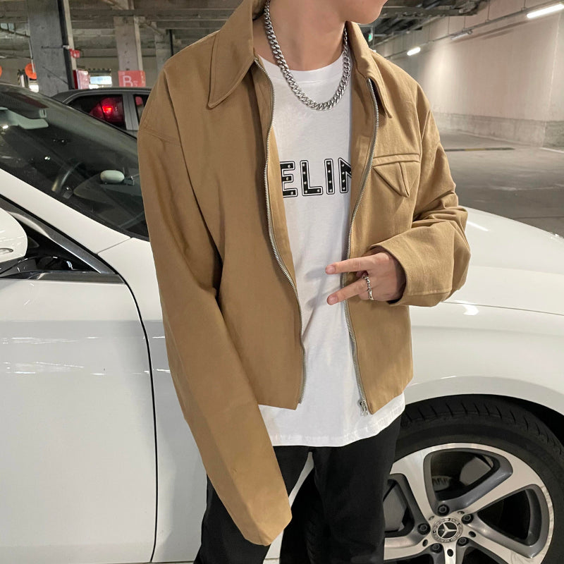 Threebooy Short Lapel Jacket Men's Spring Autumn Vintage Handsome High Street Jacket Men Women's Versatile Preppy Zipper Up Coat