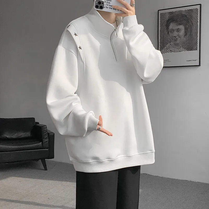 Threebooy  Men hoodie  Stand Collar Half Zip Sweatshirt Star Shoulder Design New Fashion Casual Streetwear Comfort Athletic Pullover