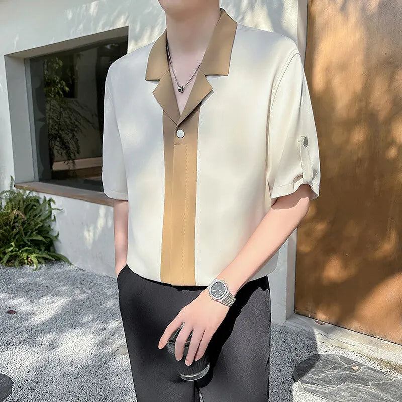Threebooy  Summer Splicing Ice Silk Cuban Collar Shirt Men Half Sleeve Loose Casual Shirts Fashion Vacation Hawaii Streetwear Shirt