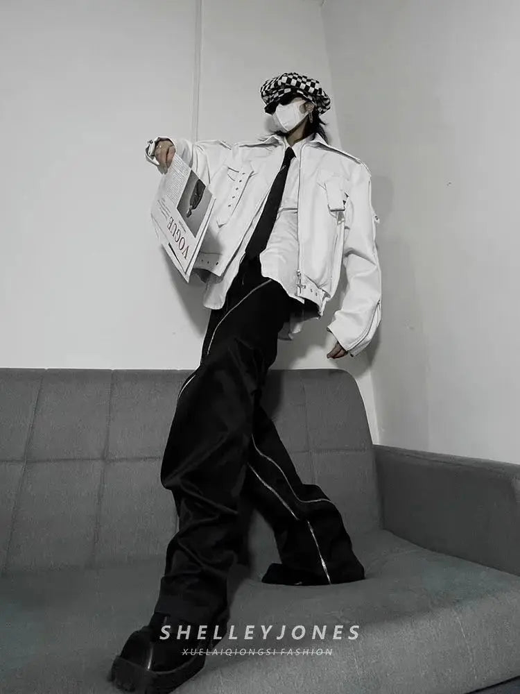 Threebooy  Leather Jacket American Retro High Street White Coat Men's Spring Autumn Streetwear Niche High-end Motorcycle Jacket