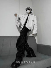 Threebooy  Leather Jacket American Retro High Street White Coat Men's Spring Autumn Streetwear Niche High-end Motorcycle Jacket