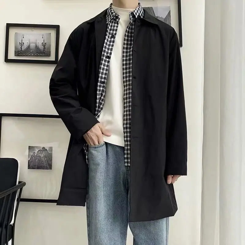 Threebooy  Spring Autumn Men's Single-breasted Trench Medium-length Trendy Brand Loose-fit British Style Korean Version Trendy Jacket