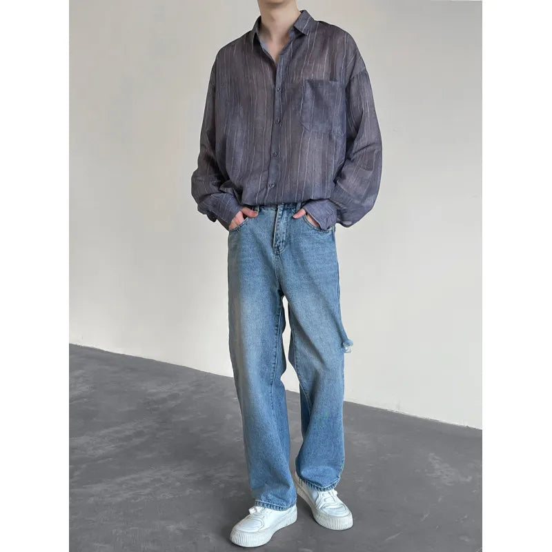 Threebooy Spring Summer Ice Silk Striped Shirts Men Korean Fashion Simple Long Sleeve Turn Down Collar Blouse Casual Loose Thin Tops