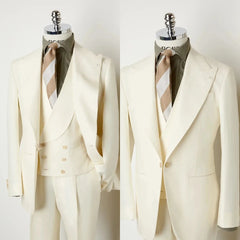 Threebooy  Beige Men's Suit 3 Pieces Blazer Vest Pants One Button Peaked Lapel Business Slim Fit Tuxedo Formal Wedding Groom