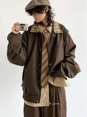 Threebooy Spring Autumn Japanese Retro Plaid Jacket Men Women Couples College Style Splicing Embroidery Casual Loose Trend Jacket Urban