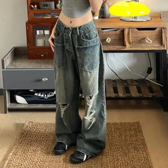 Threebooy European and American Summer HipHop Men and Women Trendy Personalized Straight Tube Washed Jeans Couple Loose Retro Casual Pants