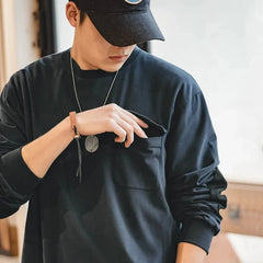 Threebooy Japanese Vintage Long Sleeve T-shirt for Men Patchwork Pocket Loose O-neck Tops Solid Color 100% Cotton Casual Sweatshirt