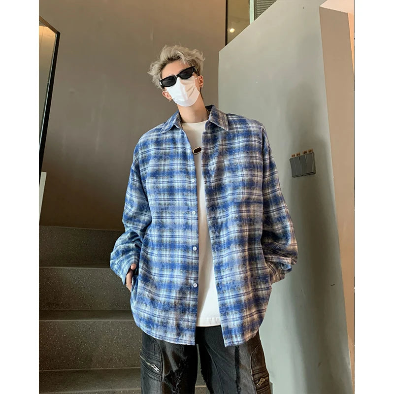 Threebooy Men Shirt Plaid Tie-dye Long Sleeve Mens Casual Loose Shirt Autumn High Quality Oversized Male Checked Shirt Red/Blue/Gray