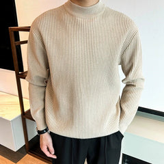 Threebooy  New Korean Retro Men Basic Sweaters Luxury Knit Solid Color Mock Neck Long Sleeve Pullover Casual Textured High Quality Knitwear