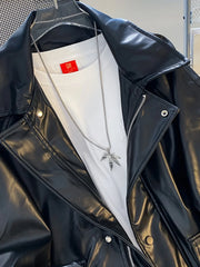 Threebooy Black Pu Leather Jacket Men's Spring Autumn New American Retro Handsome Leather Jacket Loose High-end Motorcycle Suit Aesthetic