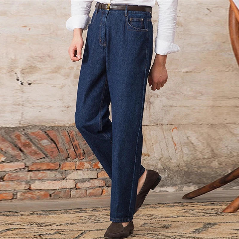 Threebooy  Luxury Naples Slim High Waist Denim Pants Fashion Navy American Retro Premium Elegant Jeans Men's Leisure Commuting Trousers