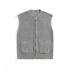 Threebooy  American Style Knit Cardigan Vest With Zipper Unisex Round Neck Loose Fit Couple Outerwear Solid Color Spring Autumn Fashion Top