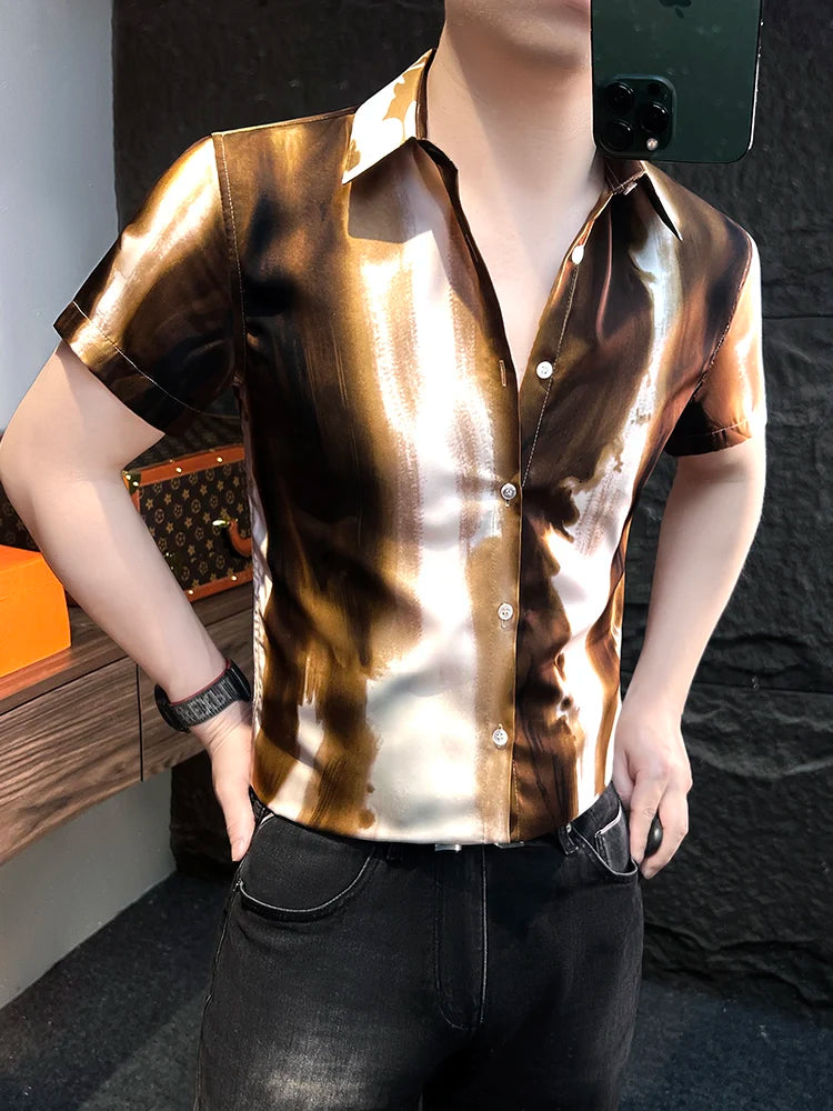 Threebooy  High Quality Summer Tie Dye Short Sleeved Shirt Men Ice Silk Breathable Slim Casual Business Shirt Streetwear Social Shirts