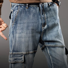 Threebooy Autumn New Styles Outdoor Men'S Wide Leg Jeans Workwear Multi-Pocket Straight Pents Baggy Jeans Plus Size Tapered Jeans