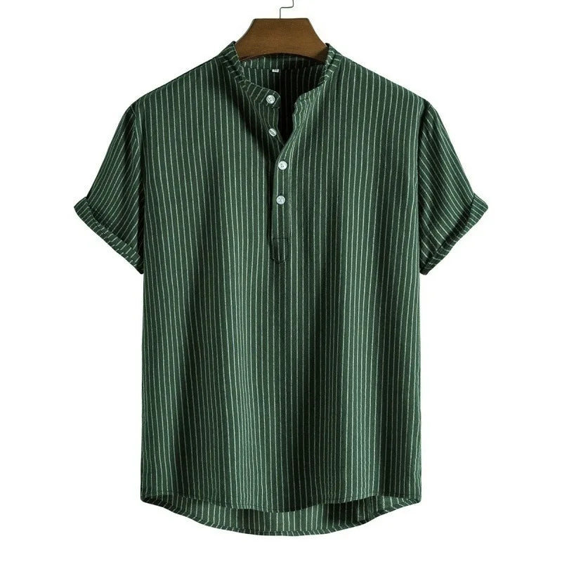 Threebooy Summer Men's Cotton Linen Stand Collar Short Sleeved Shirt