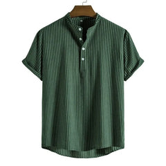 Threebooy Summer Men's Cotton Linen Stand Collar Short Sleeved Shirt