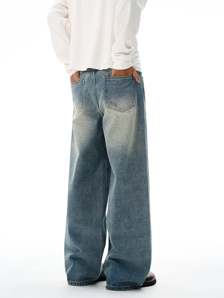 Threebooy 2025 Autumn Men's Wide-leg Jeans Comfortable Loose Casual Straight Trousers American Classic Retro Wash Cotton Denim Pants
