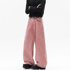 Threebooy Pink Straight Leg Denim Pants Unisex Gender Neutral Jeans Urban Street Style Fashion Trendy Casual Wear Comfortable 2025 New