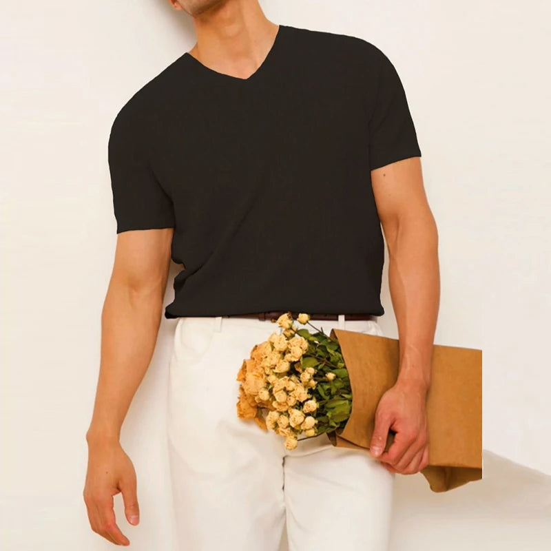 Threebooy  New Korean Fashion Men T-shirt Light Luxury Knitted Breathable V Neck Tees Casual Trendy Striped Slim Short Sleeve Basic Tops
