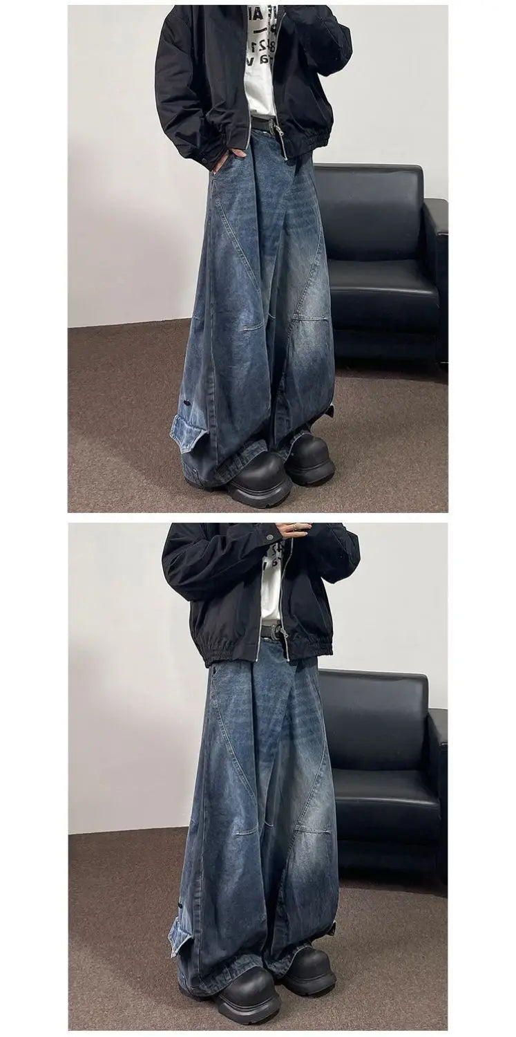Threebooy Hip hop high street men and women trendy hip-hop straight leg washed jeans for couples loose retro casual wide leg pants Y2K