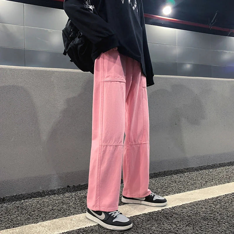 Threebooy Men's Loose Cargo Vintage Casual Pants Fashion Trend Cotton Trousers Pink/black Color Popular Straight Pants Size M-2XL