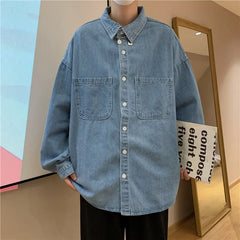 Threebooy Autumn ins high street cowboy shirt men's design inside couple simple long sleeve outside Lapel shirt Denim camisa jeans