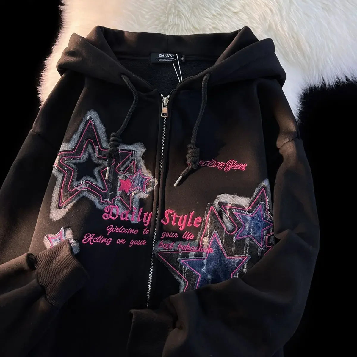 Threebooy Aesthetic Star Print Cardigan Zip Up Sweatshirt Men Women Autumn Winter Loose Tide Brand Couple Hooded Zip Jacket Harajuku Y2k