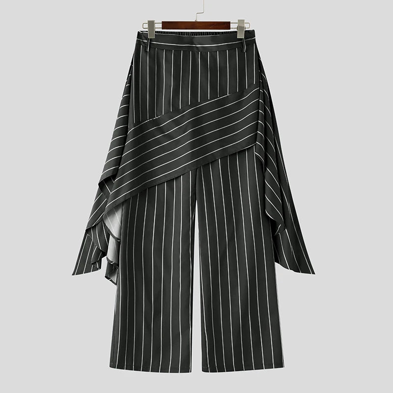 Threebooy  Men's Irregular Pants Striped Elastic Waist Joggers Ruffle Trousers For Man Streetwear Loose Fashion Casual Pantalones