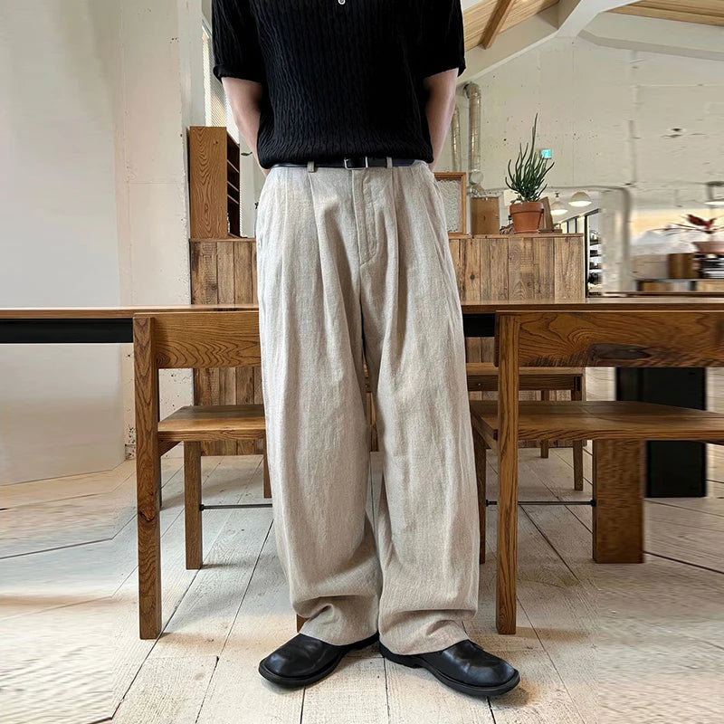 Threebooy  Men's Korean Light Luxury Draped Linen Wide Leg Pants Leisure Button-down Solid Color Straight Premium Elegant Sweatpants M-3XL
